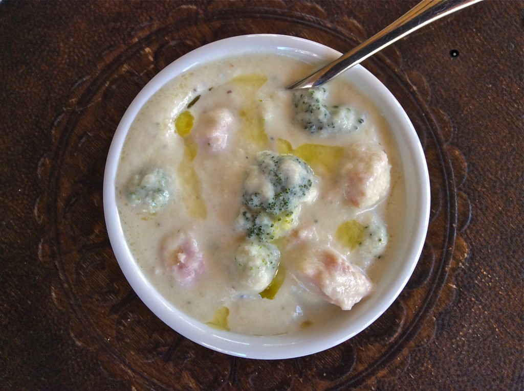 Creamy Cauliflower and Smoked Pork Chop Soup with Garlic-Infused Olive Oil